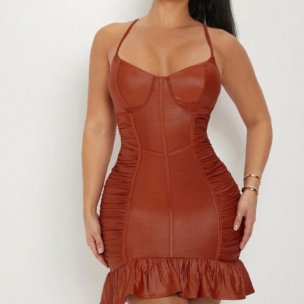 Rust Brown Preppy Womens Ruffle Hem Ruched Bodycon Dress - Picture 2 of 4